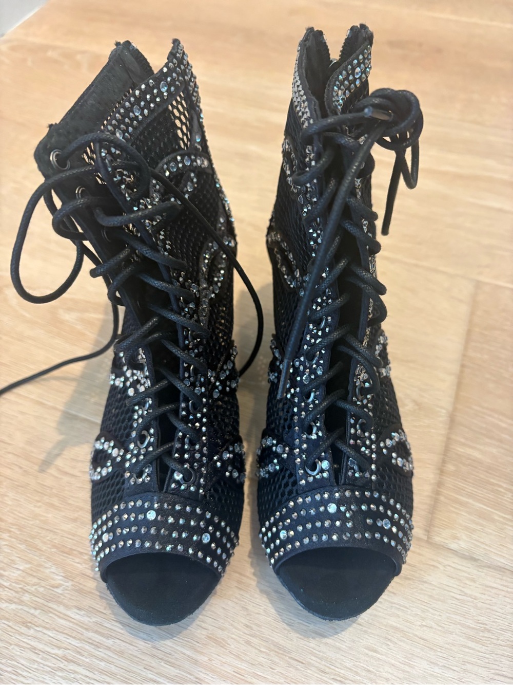 Women's Black Crystal Lace-Up Peep-Toe Booties